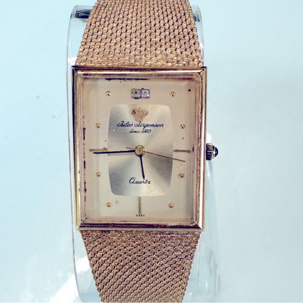 Vintage‎ Jules Jurgensen Tank Watch Gold Tone Mesh Band diamond accent